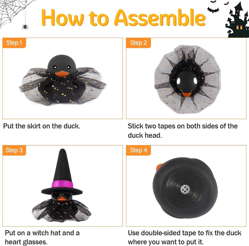 wonuu Car Dashboard Witch Black Rubber Ducks for Halloween, Decorations Duck for Office Desk Ornament Accessories with Hat Glasses Skirt, Black - Image 5